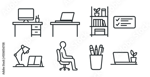 Line style icons of work and productivity: clean desk icon, minimal work area, clutter-free shelf, tidy task bar, desk light with notebook, simple chair posture, organized pen holder, calm work vibe.