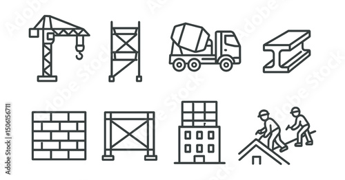 Line style icons of architecture and cities: construction crane icon, scaffolding system, cement mixer icon, steel beam icon, brick wall pattern, concrete form icon, building in progress, rooftop