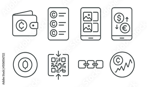 Line style icons of finance and investment apps: crypto wallet icon, token list screen, NFT collection view, exchange rate tracker, buy crypto button, send/receive QR, blockchain address icon, coin
