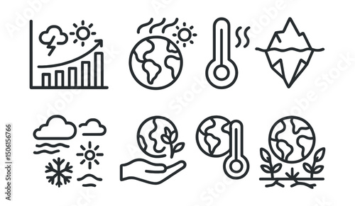 Line style icons of nature and ecology: climate change chart, global warming icon, temperature rising line, polar ice melting, weather extremes badge, climate action icon, earth thermometer,