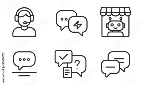 Line style icons of e-commerce: live chat with customers, support conversation thread, instant reply box, chatbot in store, chat icon in footer, order update message, customer inquiry bubble, seller