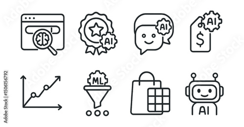 Line style icons of e-commerce: AI-powered product search, smart recommendations badge, automated customer response, AI-driven pricing tool, predictive sales icon, machine learning filter, smart