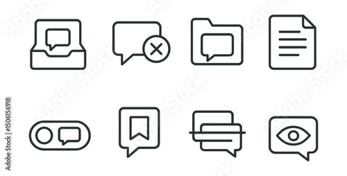 Line style icons of social media and communication: archived chat icon, hide conversation badge, chat folder symbol, message history file, restore from archive toggle, save important message icon,