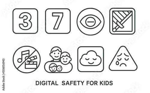Line style icons of digital safety for kids: platform rating symbol, PEGI-style icon, content advisory badge, violence filter icon, explicit block symbol, family-friendly tag, calm content mark,