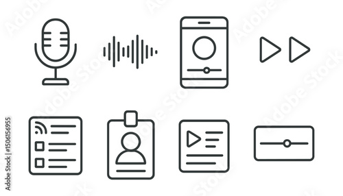 Line style icons of entertainment and media: podcast microphone icon, audio stream wave, record episode screen, play + skip buttons, podcast channel list, guest speaker badge, episode playlist icon,