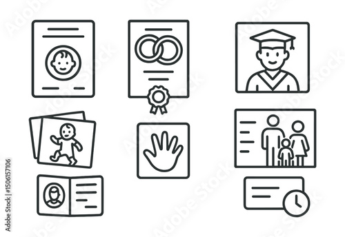 Line style icons of family memory archive: birth certificate icon, wedding document badge, graduation photo symbol, first steps memory card, baby handprint icon, family milestone board, old passport