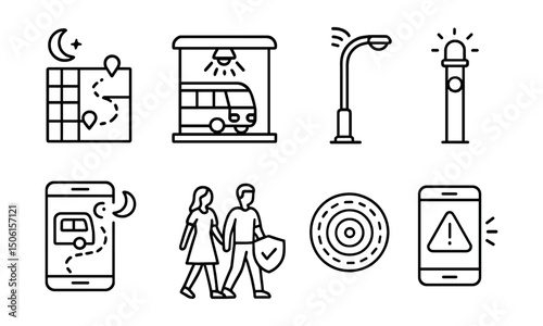 Line style icons of future urban transport: night safety route icon, lighted stop zone, smart lamp post, emergency button station, night shuttle tracker, safety escort option, visibility reflector