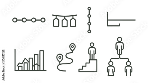 Line style icons of family memory archive: memory timeline icon, years on a string, memory dots by date, decade marker line, highlight events chart, milestone path icon, life journey steps,