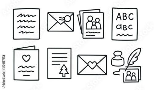 Line style icons of family memory archive: handwritten message icon, postmarked letter, family postcard stack, note in child handwriting, greeting card with message, holiday letter icon, envelope