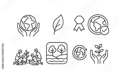 Line style icons of climate vocabulary: planet healing icon, hope leaf symbol, positive action badge, restored ecosystem icon, community planting sketch, global recovery line, care for climate symbol