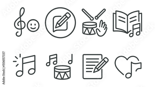 Line style icons of creative learning in school: music expression icon, create your own song badge, rhythm tools in class, sound storytelling icon, improvised melody note, class music jam symbol,