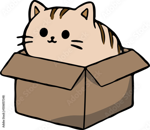 cat, cute, box, cardboard, kitten, adorable, inside, cozy, playful, animal, cartoon, kawaii, sweet, curious, hiding, snug, fluffy, pet, sitting, small, lovely, funny, digital art, illustration