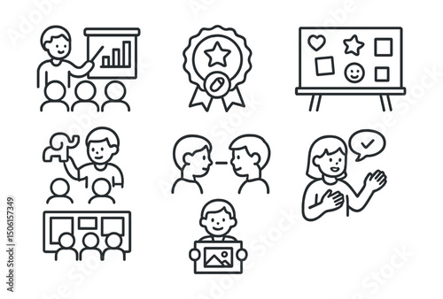 Line style icons of creative learning in school: student-led presentation, explain-your-project badge, visual board with stickers, show and tell icon, peer feedback session, reflect together board,