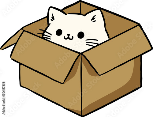 cat, cute, box, cardboard, kitten, adorable, inside, cozy, playful, animal, cartoon, kawaii, sweet, curious, hiding, snug, fluffy, pet, sitting, small, lovely, funny, digital art, illustration