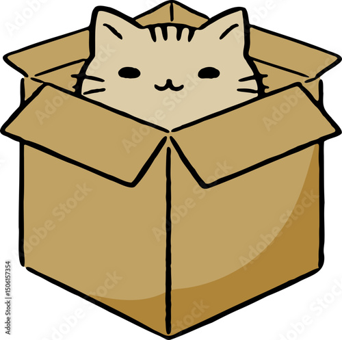 cat, cute, box, cardboard, kitten, adorable, inside, cozy, playful, animal, cartoon, kawaii, sweet, curious, hiding, snug, fluffy, pet, sitting, small, lovely, funny, digital art, illustration