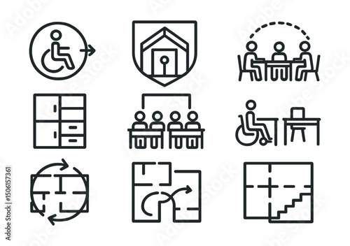 Line style icons of inclusive environments: universal design icon, inclusive architecture badge, adaptable classroom layout, modular furniture icon, flexible learning environment, mixed-ability desk