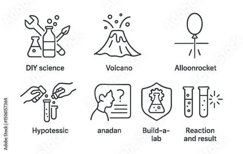 Line style icons of creative learning in school: DIY science experiment, volcano with baking soda, balloon rocket icon, hands-on chemistry set, student hypothesis card, science observation journal,