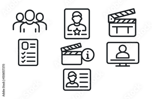 Line style icons of entertainment and media: cast and crew icon, actor profile badge, director tag panel, production team list, behind the scenes info, show credits screen, staff bio card.