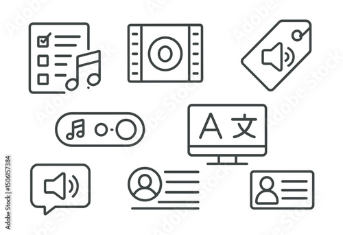 Line style icons of entertainment and media: audio track selection icon, original version badge, dubbed track tag, background music toggle, language options screen, audio commentary panel, voice