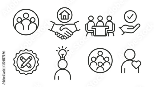 Line style icons of social entrepreneurship: cooperative team icon, shared ownership model, stakeholder meeting symbol, open decision process, participatory design badge, employee-led idea, inclusive