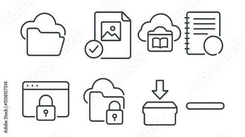 Line style icons of online education: cloud storage folder, saved project file icon, lesson archive in cloud, backup your notes symbol, encrypted storage icon, folder with lock, download learning