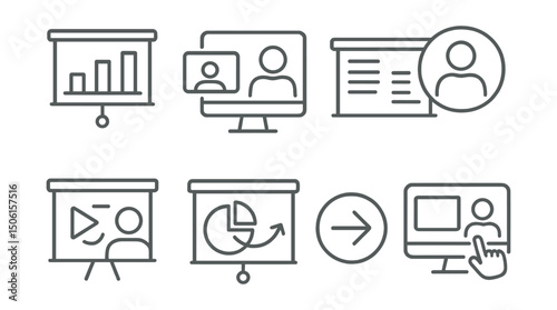 Line style icons of online education: slideshow presentation icon, shared screen symbol, slide with notes, speaker view badge, course pitch screen, visual explanation board, next-slide arrow,