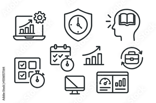 Line style icons of online education: productivity boost icon, time management badge, study focus symbol, task block timer, habit streak icon, work cycle tracker, minimal distraction icon, efficiency