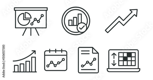Line style icons of personal finance: financial analysis board, metrics overview badge, trend arrow symbol, spending habits chart, monthly average panel, variance report icon, cashflow heatmap screen