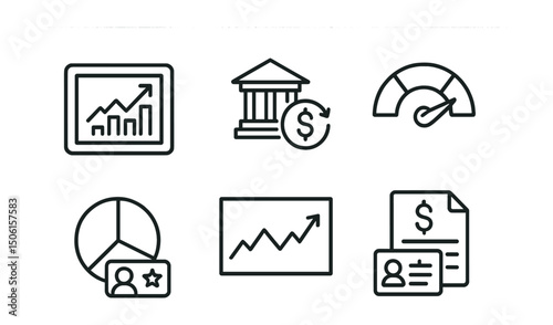 Line style icons of personal finance: investment portfolio screen, stocks and funds icon, risk tolerance meter, diversification pie chart, watchlist card badge, performance line chart, earnings