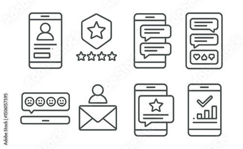 Line style icons of mobile app development: user feedback form icon, rating screen badge, comments section in app, reaction options menu, emoji feedback bar, feedback inbox icon, review popup icon,