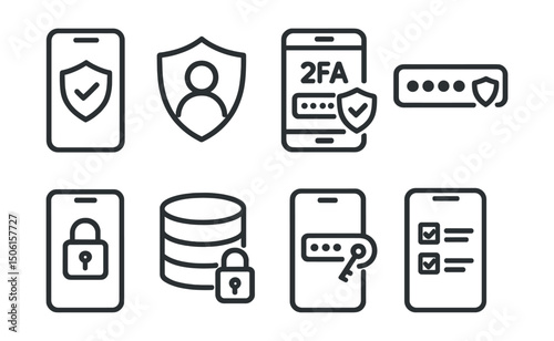Line style icons of mobile app development: security shield icon, user data protection badge, 2FA screen layout, secure login field, app lock icon, encrypted database badge, password manager