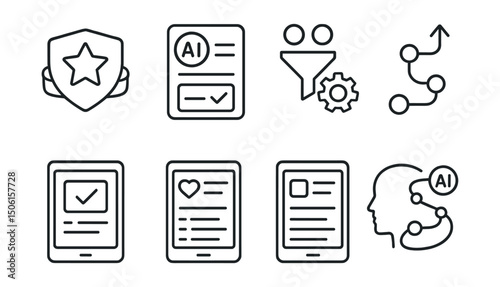 Line style icons of EdTech platforms: personalized recommendation badge, AI course match icon, machine learning filter, adaptive path icon, lesson suggestion screen, smart playlist of learning,