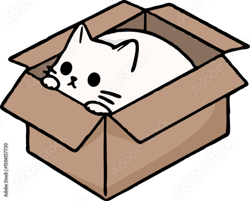 cat, cute, box, cardboard, kitten, adorable, inside, cozy, playful, animal, cartoon, kawaii, sweet, curious, hiding, snug, fluffy, pet, sitting, small, lovely, funny, digital art, illustration