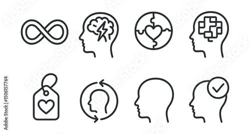 Line style icons of mental health and wellbeing: neurodiversity symbol, ADHD brain icon, autism support badge, inclusive mental pattern, cognitive difference icon, embrace variation tag, learning