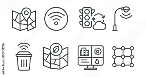 Line style icons of smart devices and IoT: smart city map icon, public Wi-Fi zone badge, traffic data sync, street light automation, smart waste bin icon, environmental sensor map, city services