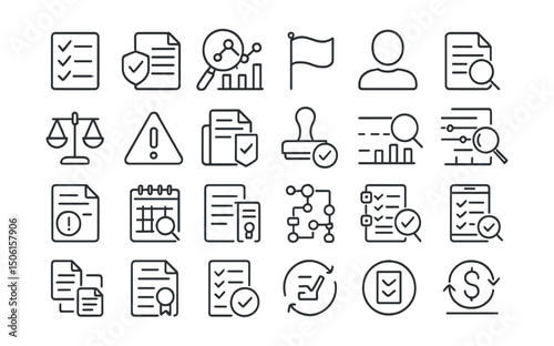 Line style icons of business audit: audit checklist, compliance report, financial review, red flag icon, auditor profile, document review, balance check, risk warning, audit file, audit stamp,