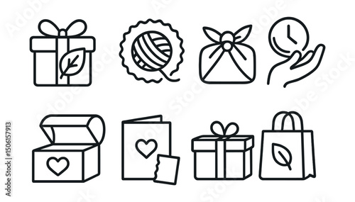 Line style icons of eco-friendly lifestyle: eco gift icon, handmade present badge, wrap with fabric symbol, gift of time icon, donation in name badge, secondhand treasure box, card from scraps icon,