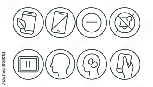 Line style icons of mental well-being: digital detox icon, phone off badge, screen-free time circle, no notifications symbol, device pause ring, mind without screen, slow tech use icon, presence over