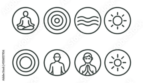 Line style icons of mental well-being: meditation pose icon, seated figure in lotus, breathing focus ring, calm energy waves, stillness badge, meditative circle icon, moment of silence, mindfulness