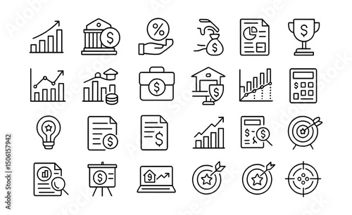 Line style icons of business valuation: valuation graph, enterprise value, assets & liabilities, P/E ratio, valuation report, profit multiplier, market cap, business worth, company equity, revenue
