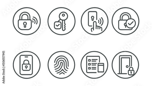 Line style icons of smart home tech: smart lock icon, digital key ring, remote door unlock, access permission symbol, lock with phone badge, fingerprint access circle, smart entry log, secure door
