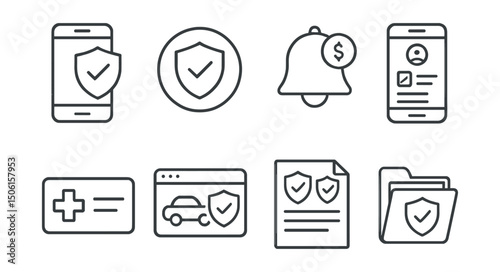 Line style icons of finance and investment apps: insurance management icon, policy overview badge, premium due alert, claim tracking screen, health insurance card icon, auto coverage panel, plan