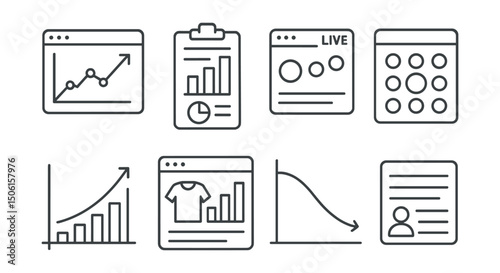 Line style icons of e-commerce: real-time data chart, sales report icon, live traffic dashboard, heatmap view of store, revenue vs return graph, product performance panel, conversion rate curve,
