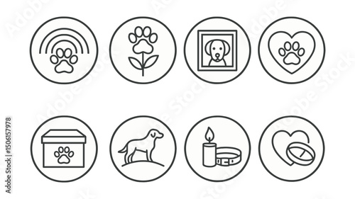 Line style icons of pets at home: rainbow bridge icon, memorial flower paw, pet photo frame, pawprint in heart, memory box icon, farewell symbol, candle and collar icon, love and goodbye ring.