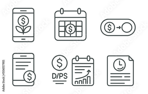 Line style icons of finance and investment apps: dividend tracker icon, payout calendar badge, dividend yield chart, reinvestment toggle, earnings statement screen, dividend per share icon, passive