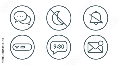 Line style icons of digital minimalism: muted group chat icon, do not disturb symbol, slow reply icon, no red dot circle, simplified notification bar, batch message time, clear inbox badge, async