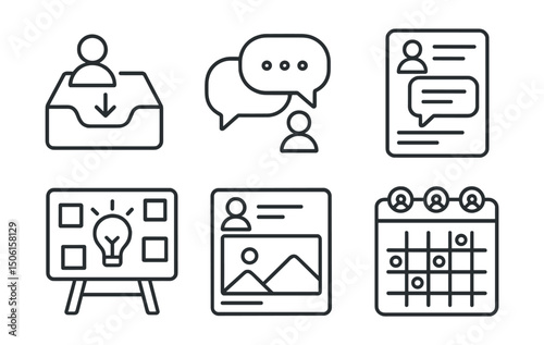 Line style icons of social media and communication: collab inbox icon, shared message space, project thread with comments, collaborative idea board, co-creator post layout, shared calendar with team,
