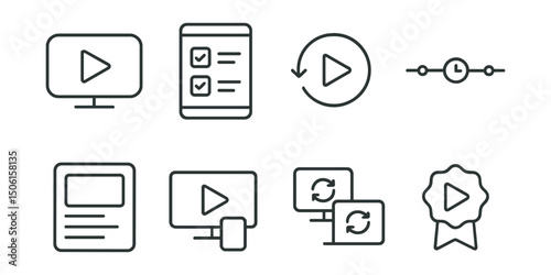 Line style icons of entertainment and media: streaming service logo icon, watchlist screen, resume playback button, watch history timeline, episode list card, play on device icon, multi-platform sync
