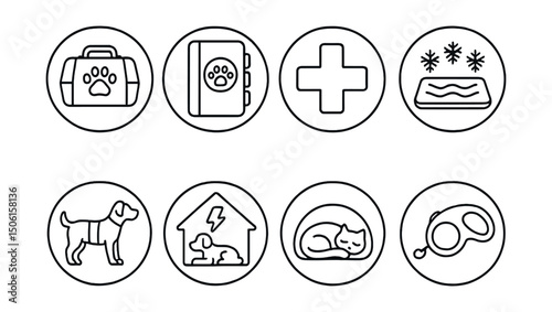 Line style icons of pets at home: pet emergency kit, vet contact list, pet first aid cross, cooling mat icon, anxiety wrap symbol, thunder calm space, safe hide zone, quick grab leash. Circular icons