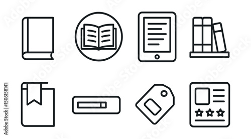 Line style icons of entertainment and media: book icon, open novel badge, digital e-reader screen, library shelf view, bookmarked page symbol, reading progress bar, genre tag layout, book review card